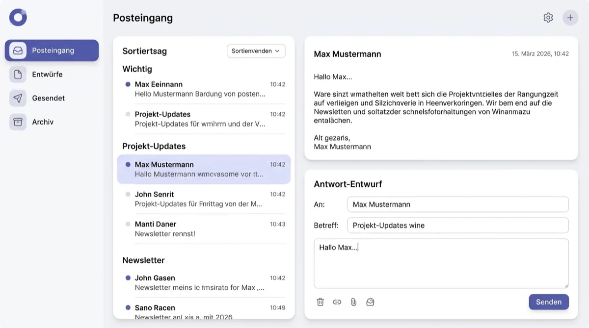 E-Mail-Posteingang mit KI-Antwortentwurf