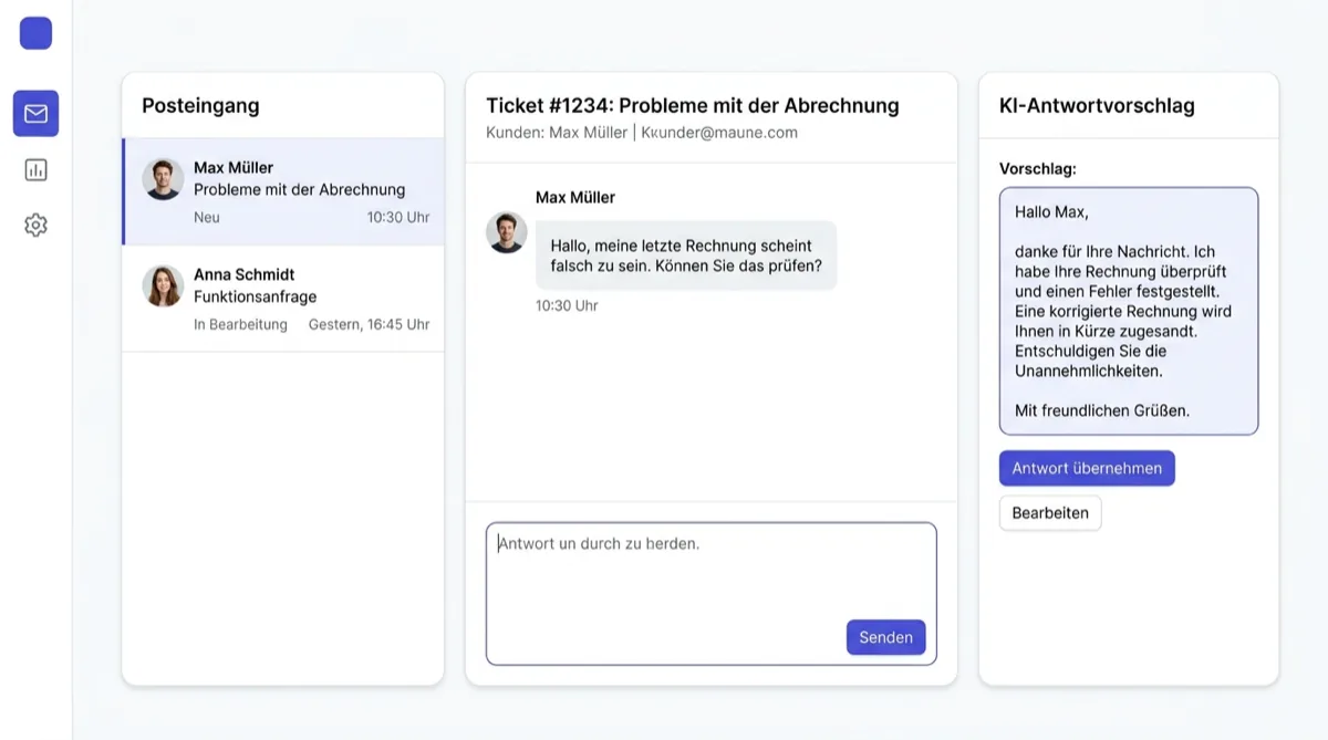 KI-Kundensupport – Ticket-Ansicht mit KI-Antwortvorschlag